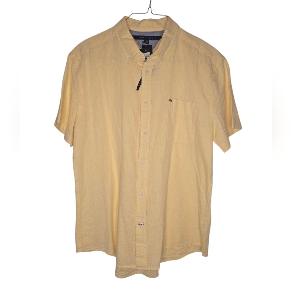 Tommy Hilfiger Linen Blend Yellow Short Sleeve Button-Up Shirt Size XL
